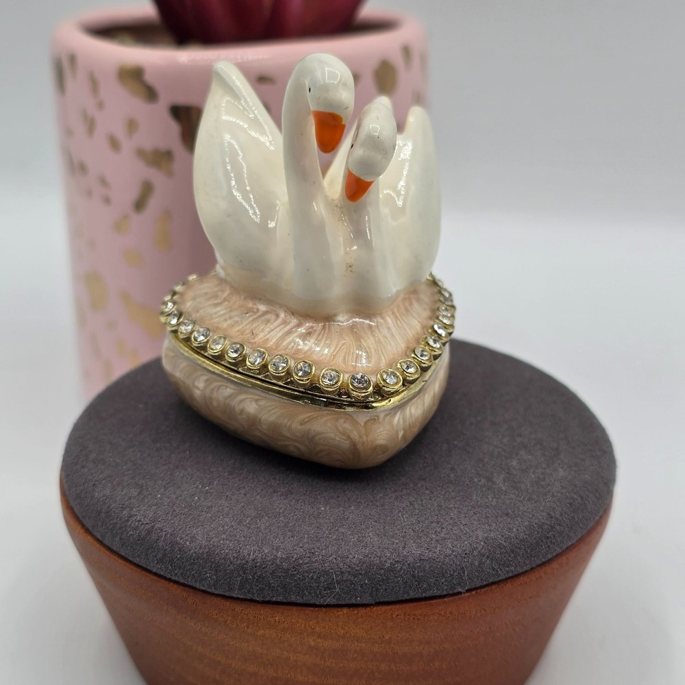 Decorative Heart Swan Trinket Box Enamel Jeweled Hinged Keepsake Box Collectible